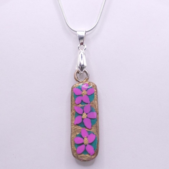 HiddenBottega Jewelry - Pink Floral Polymer Clay Pendant Necklace Boho Garden Art Jewelry Cottagecore